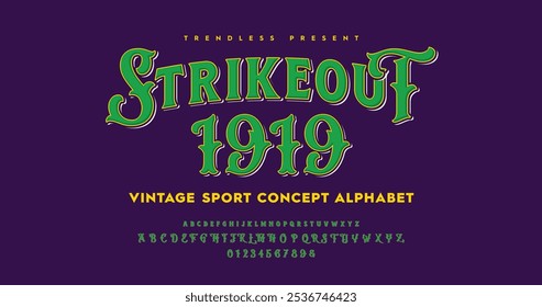 Strike Out 1919: Vintage Sport Concept Alphabet. Classic retro typeface in green with yellow outlines, capturing timeless charm with a sporty twist. Perfect for vintage-themed designs. Vector alphabet