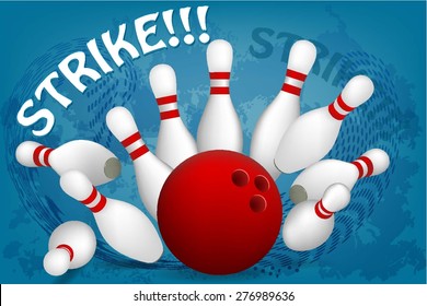 Strike  Set of bowling. The red ball breaks white skittles. Vector illustration