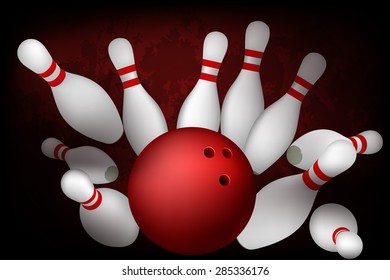 Strike  Set of bowling. The red ball breaks white skittles. Vector illustration