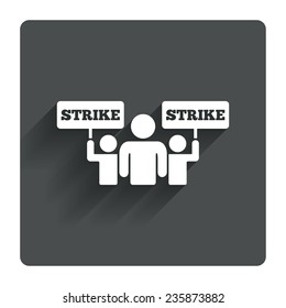 Strike sign icon. Group of people symbol. Industrial action. People holding protest banner. Gray flat square button with shadow. Modern UI website navigation. Vector