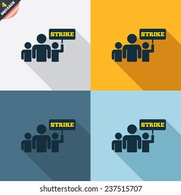 Strike sign icon. Group of people symbol. Industrial action. People holding protest banner. Four squares. Colored Flat design buttons. Vector