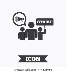 Strike sign icon. Group of people symbol. Industrial action. Holding protest banner and megaphone. Graphic design element. Flat strike symbol on white background. Vector