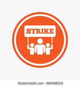Strike sign icon. Group of people symbol. Industrial action. People holding protest banner. Graphic design element. Flat strike symbol on the round button. Vector