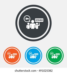 Strike sign icon. Group of people symbol. Industrial action. Holding protest banner and megaphone. Graphic design web element. Flat strike symbol on the round button. Vector