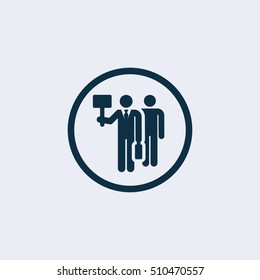 Strike sign icon. Group of people symbol. Industrial action. People holding protest banner icon