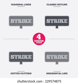 Strike sign icon. Protest banner symbol. Diagonal and horizontal lines, classic outline, dotted texture. Pattern design icons.  Vector