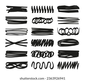 Strike through underlines set in dodole style. Underlines set of lettering lines, brush line vector collection. Brush stroke markers collection. Typography ink brush lines. Crosses and curved strokes.