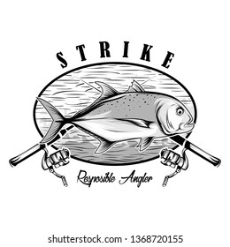 Strike tshirt design. Fishing badge design with Giant trevellay fish. Grey and black colors.