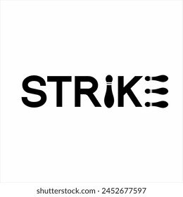 Strike word design with bowling pins elements on letters I and E.