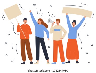 Huelga de trabajadores o huelga climática. Personas con carteles y altavoces protestando. Ilustración vectorial.