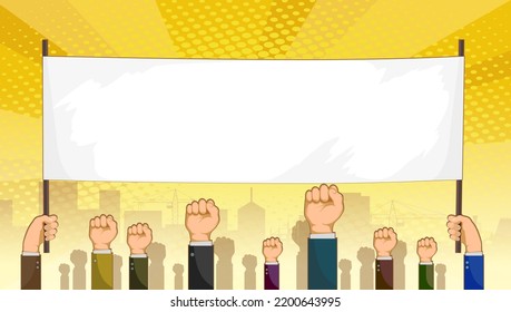 Strike of workers. People hold white blank banner with copy-space. Pickets and demonstrations. vector illustration.