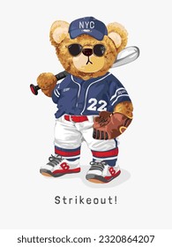 strikeout slogan with cool bear doll in baseball jersey uniform vector illustration