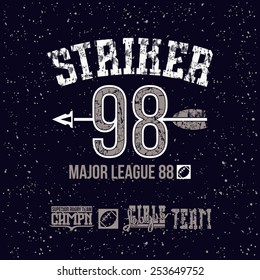 Striker emblem. Graphic design for t-shirt. Color print on a black background