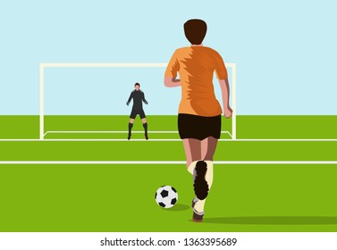  striker players are raising football to score goals. With a goalkeeper looking at in football field,blue sky background 