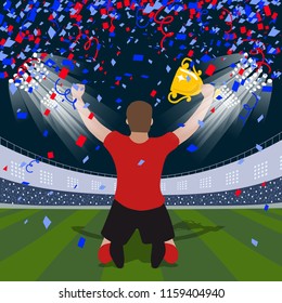striker soccer football player in red team concept celebrating goal in the stadium during match