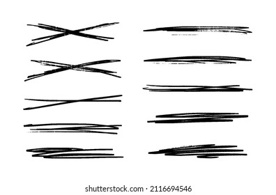 Strikethrough in bold pencil. Set of black underlines. Brush strokes collection. Vector illustration of crossed scribble lines isolated on white background.