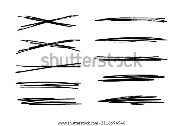 Strikethrough in bold pencil. Set of black\
underlines. Brush strokes collection. Vector illustration of\
crossed scribble lines isolated on white\
background.