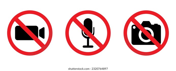 Strikethrough Camera Microphone Icon set. Disabled Video Recording Symbol. Strikethrough video camera icon, inactive recording. Vector line icon for Business and Advertising