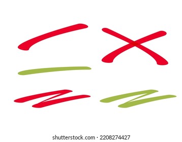 Strikethrough strike marker line set vector or underlined emphasized stressed accent red green handdrawn handwriting pen doodle clipart graphic,  cross out scribble highlight clip art