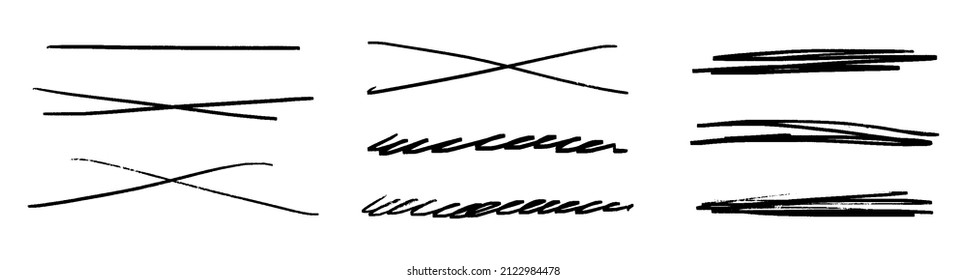 Strikethrough underlines. Brush stroke markers collection. Vector illustration of crossed scribble lines isolated on white background.