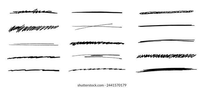  strikethrough underlines, set brush stroke, marker lines grunge curve, wvy free hand marks textured simple borders isolated on white background. Creative collection scribble brush or crayon checks