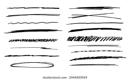  strikethrough underlines, set brush stroke, marker lines grunge curve, wvy free hand marks textured simple borders isolated on white background. Creative collection scribble brush or crayon checks