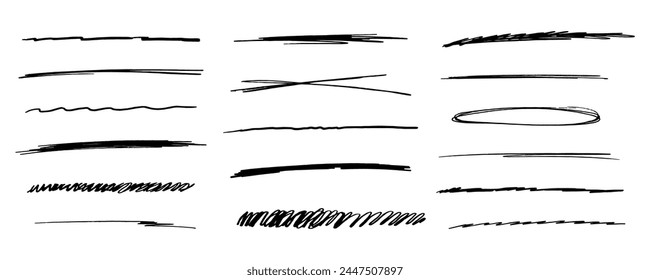  strikethrough underlines, set brush stroke, marker lines grunge curve, wvy free hand marks textured simple borders isolated on white background. Creative collection scribble brush or crayon checks