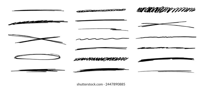  subrayados tachados, trazo de pincel establecido, líneas de marcador, curva de grunge, marcas de mano libres de color blanco, bordes simples con textura aislados sobre fondo blanco. Pincel de garabato de colección creativa o controles de crayón