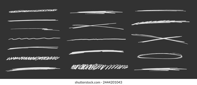 Strikethrough underlines, set chalk stroke, marker lines grunge curve, wvy free hand marks textured simple borders isolated on dark background. Creative collection scribble brush or crayon checks