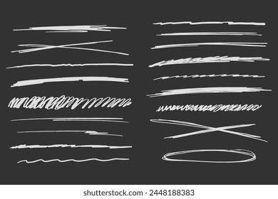 Strikethrough underlines, set chalk stroke, marker lines grunge curve, wvy free hand marks textured simple borders isolated on dark background. Creative collection scribble brush or crayon checks