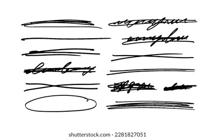 Strikethrough and unreadable text isolated on white background. Hand drawn vector scribble lines drawn with pen or pencil. Abstract handwritten unreadable calligraphy with strikethrough.