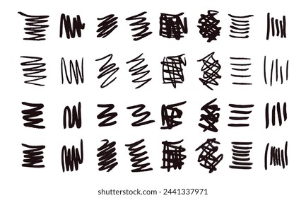 Strikethroughs and scribbles. 32 randomly drawn squiggles and doodles. Vector set
