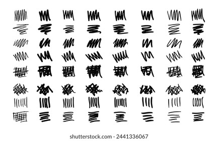 Strikethroughs and scribbles. 64 randomly drawn squiggles and doodles. Vector set of handwritten signs
