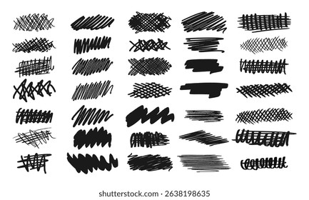 Strikethroughs and scribbles. A collection of thirty five randomly drawn squiggles and doodles. Vector set of handwritten symbols and signs
