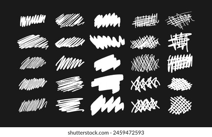 Strikethroughs and scribbles. A collection of twenty five randomly drawn white squiggles and doodles on a black background. Vector set of handwritten symbols and signs