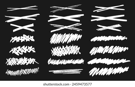 Strikethroughs and scribbles. Collection of twenty one freely drawn white squiggles and doodles on a black background. Vector set of handwritten symbols and signs