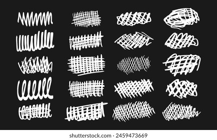 Strikethroughs and scribbles. Collection of twenty randomly drawn white squiggles and doodles on a black background. Vector set of handwritten symbols and signs