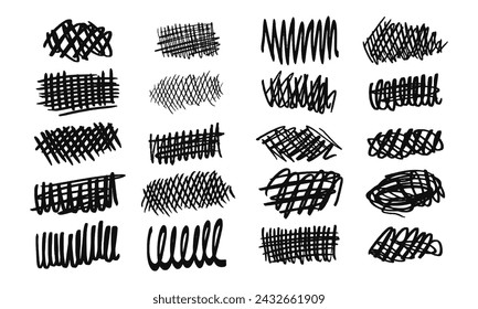 Strikethroughs and scribbles. Version No. 2. Collection of twenty randomly drawn squiggles and doodles. Vector set of handwritten symbols and signs