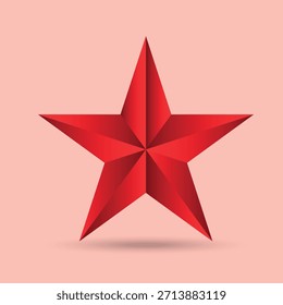 Striking 3D red five-pointed star with crisp edges on a pastel background. For badges, logos, patriotic images, awards, decorative elements, holiday graphics. Vector illustration drop shadow gradient