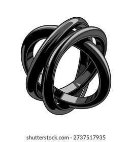 A striking 3D render of an abstract torus knot sculpture in glossy black, featuring intertwined, looping rings against a white background. Modern, geometric art.