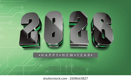 A striking 3D rendering of "2026 Happy New Year" in metallic chrome-like text with vibrant green accents.