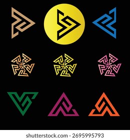 Una llamativa cuadrícula de 3x3 de logotipos geométricos con chevron entrelazado y Formas en forma de flecha.