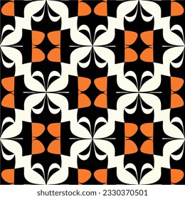 Striking 70s inspired design with an ornate geometric pattern in orange and white, set against a black background, exuding retro vibes and a sense of boldness.