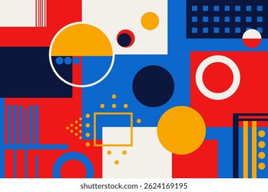 Striking abstract art blending rectangles and circles in vibrant, high-contrast hues. Clean lines and dynamic shapes form modern patterns ideal for graphic design, digital backgrounds