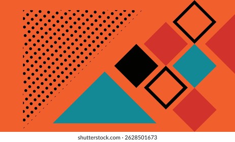 Striking abstract artwork featuring bold triangles, dotted halftone texture, and colorful diamond shapes in red, teal, and black on orange background.