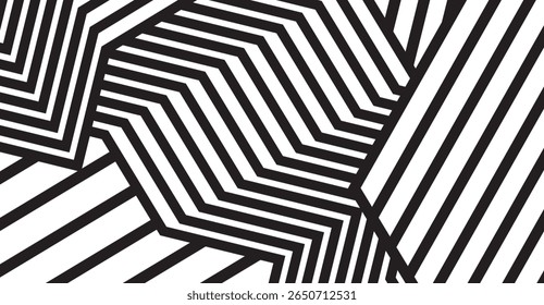 A striking abstract backdrop showcases dynamic, black and white zigzagging lines forming geometric shapes that create a bold, eye-catching illusion, highlighting a modern design