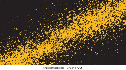 Ein auffälliger abstrakter Hintergrund besteht aus einem dichten, diagonalen Spray aus lebendigen gelben Farbspritzer und unregelmäßigen Formen auf einer tiefen schwarzen Leinwand, die einen dynamischen und energischen Grunge erzeugen