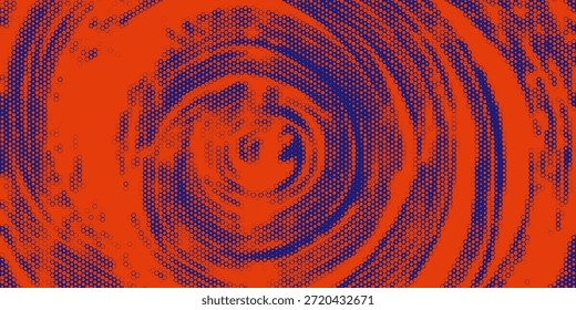 A striking abstract background featuring a bold spiral composition created with halftone dot textures. Intense red tones dominate the design, contrasted with deep blue dotted patterns that form a dynamic swirling motion.