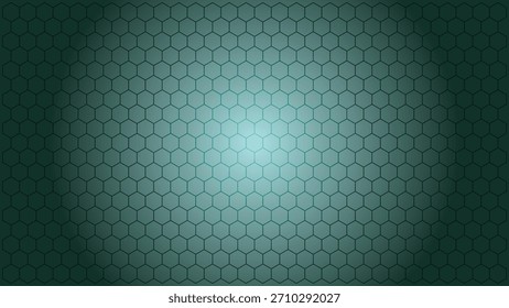 Un llamativo fondo abstracto con un patrón geométrico de panal o hexagonal repetitivo renderizado en tonos verdes azulados profundos a brillantes con un efecto de foco luminoso centrado.