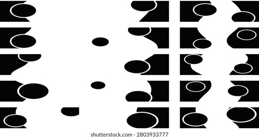 A striking abstract composition featuring a dynamic interplay of black and white geometric shapes, including prominent oval elements, creating a modern and minimalist visual.